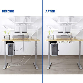 FLEXISPOT cable tray keeps wires away from pets for safer play beneath the desk.