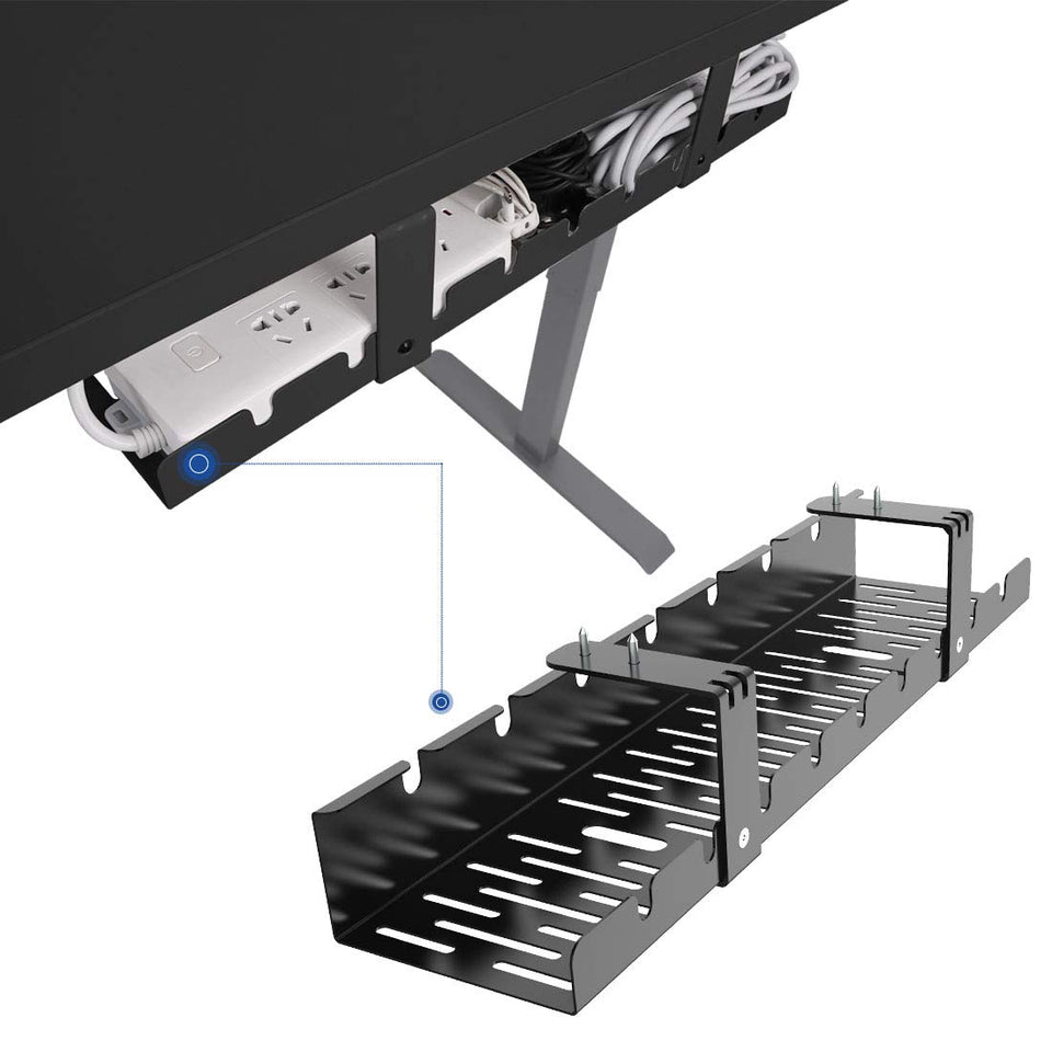 FLEXISPOT under-desk cable tray front view keeps cords tidy and space-saving.