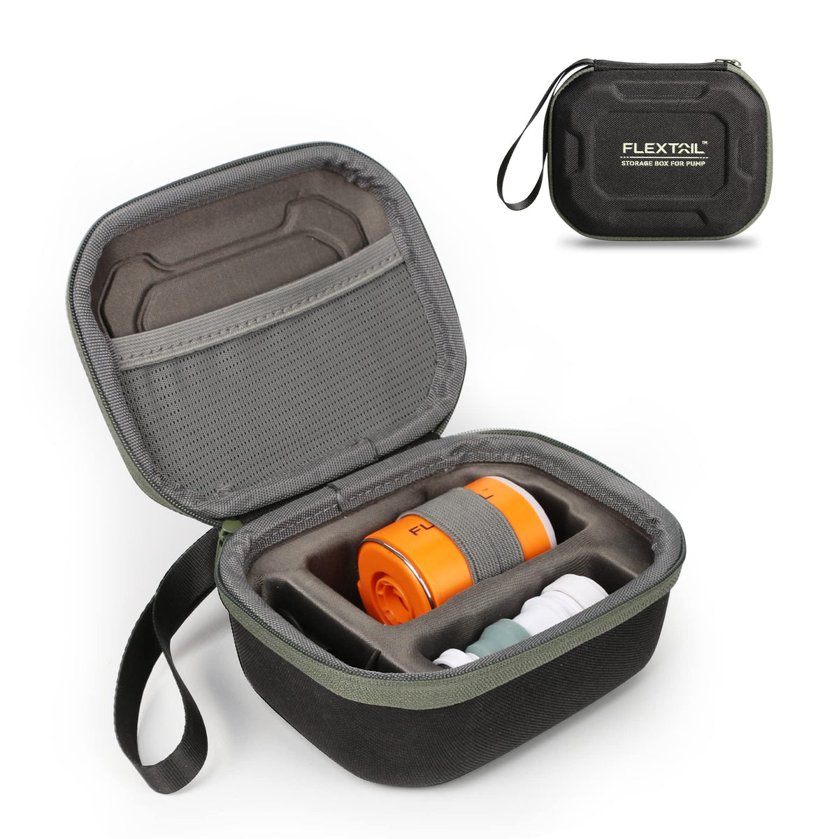 FLEXTAILGEAR portable air pump case shows outer dimensions for travel