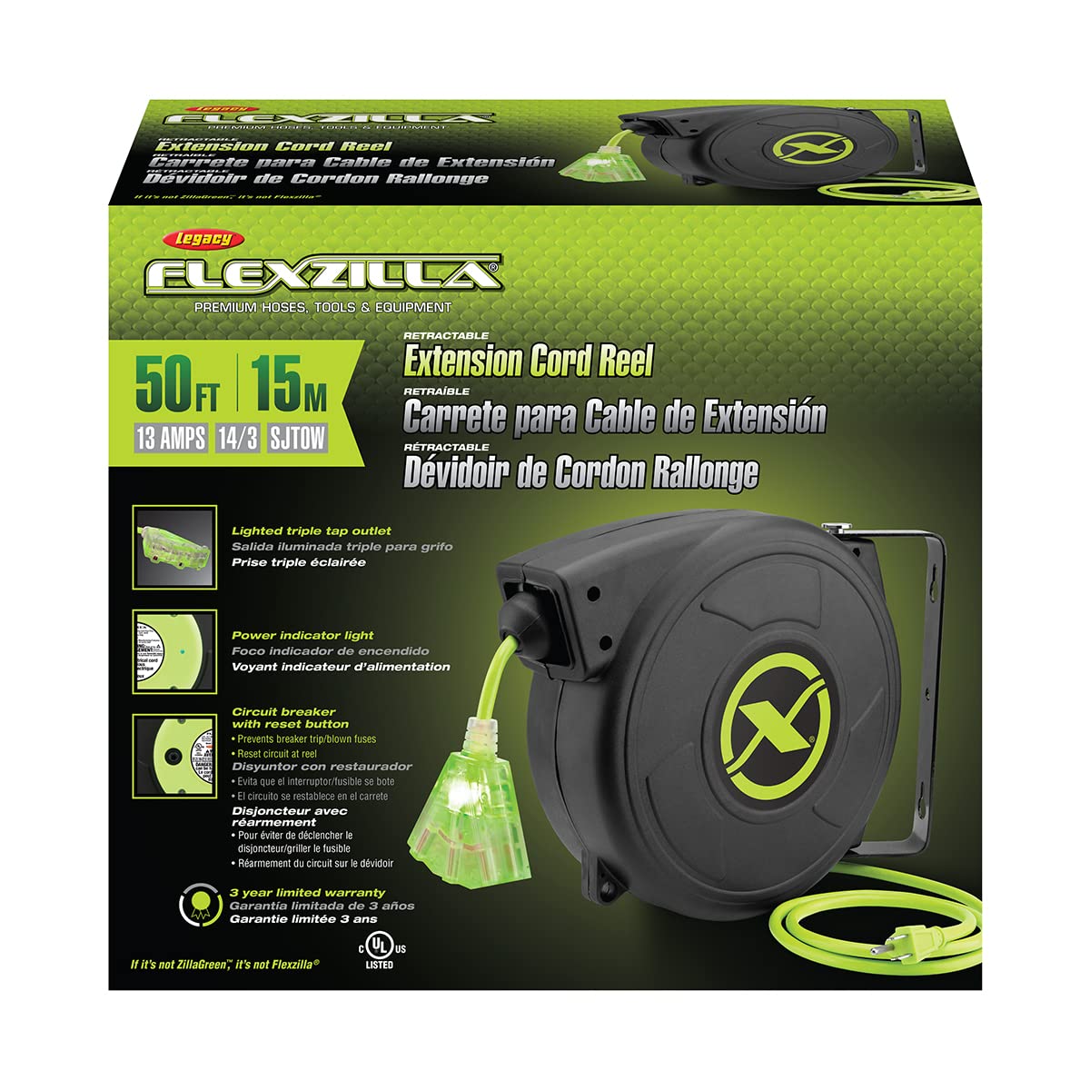 Flexzilla lighted triple-tap outlet enables quick, visible power.