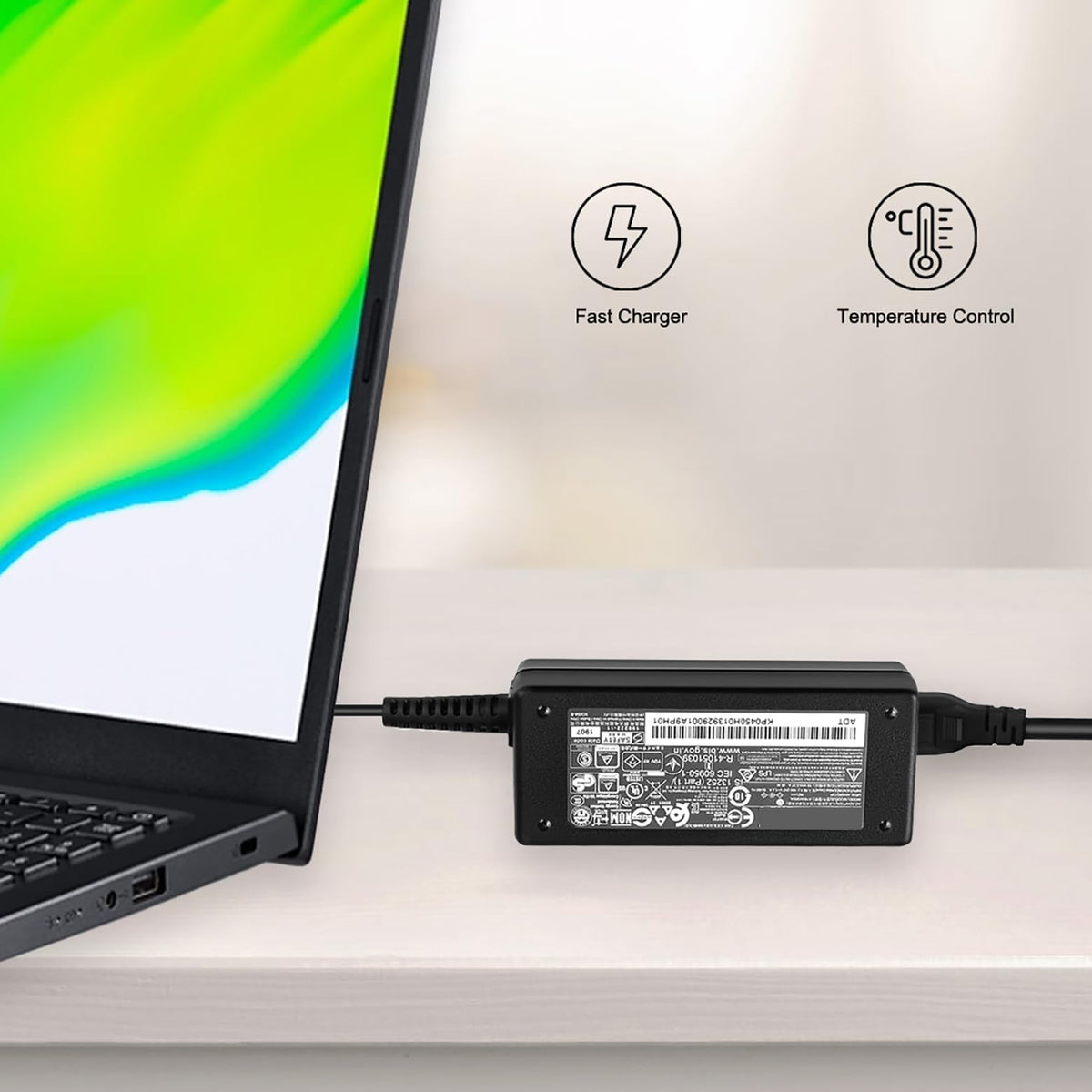 FLGAN 45W charger DC-in plug closeup with 3.0x1.0mm plug.