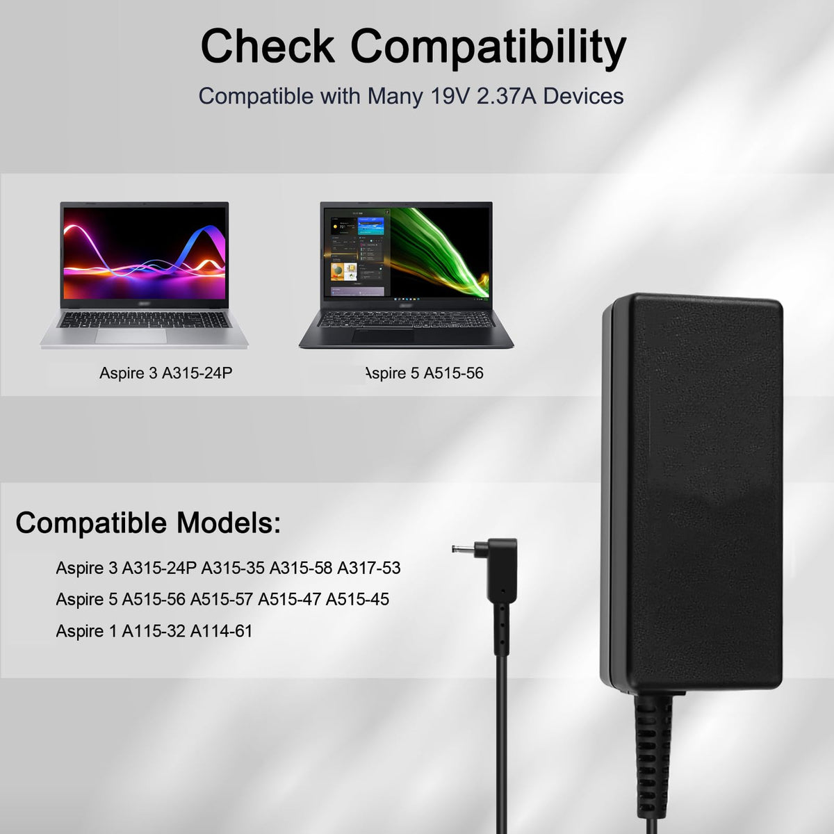 FLGAN 45W Acer charger rear view with compact, portable profile.