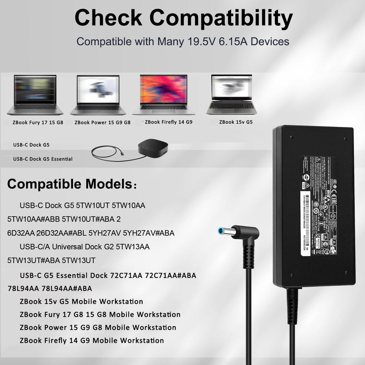 FLGAN adapter label with voltage and amperage specs visible, confirms safe power match