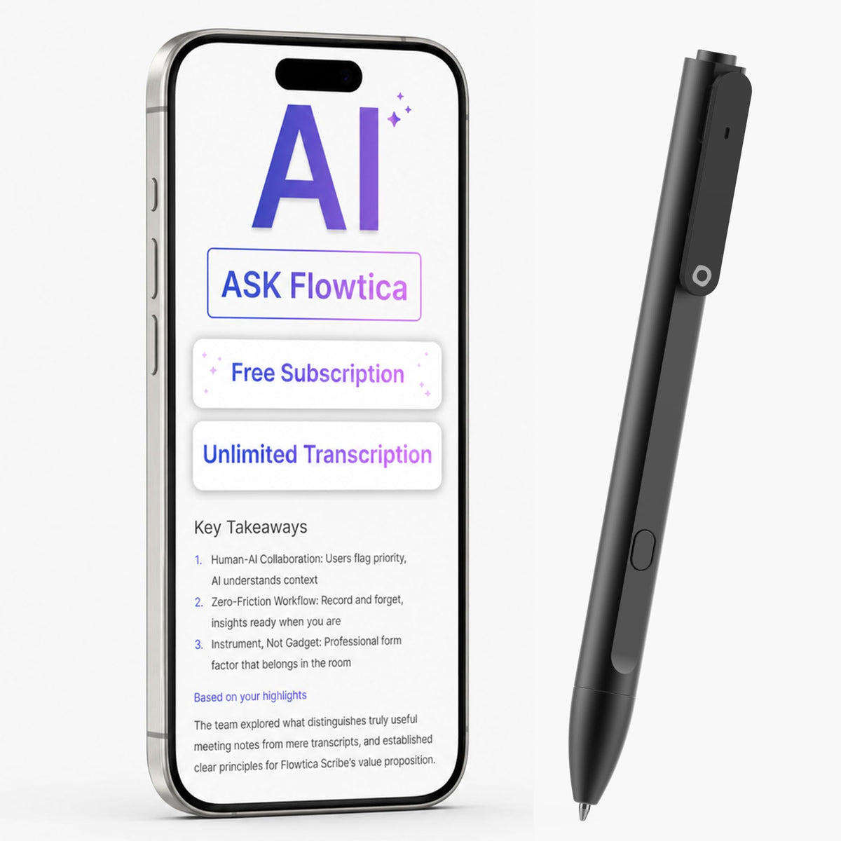 Flowtica Scribe front view: premium aluminum AI pen for professional meetings.