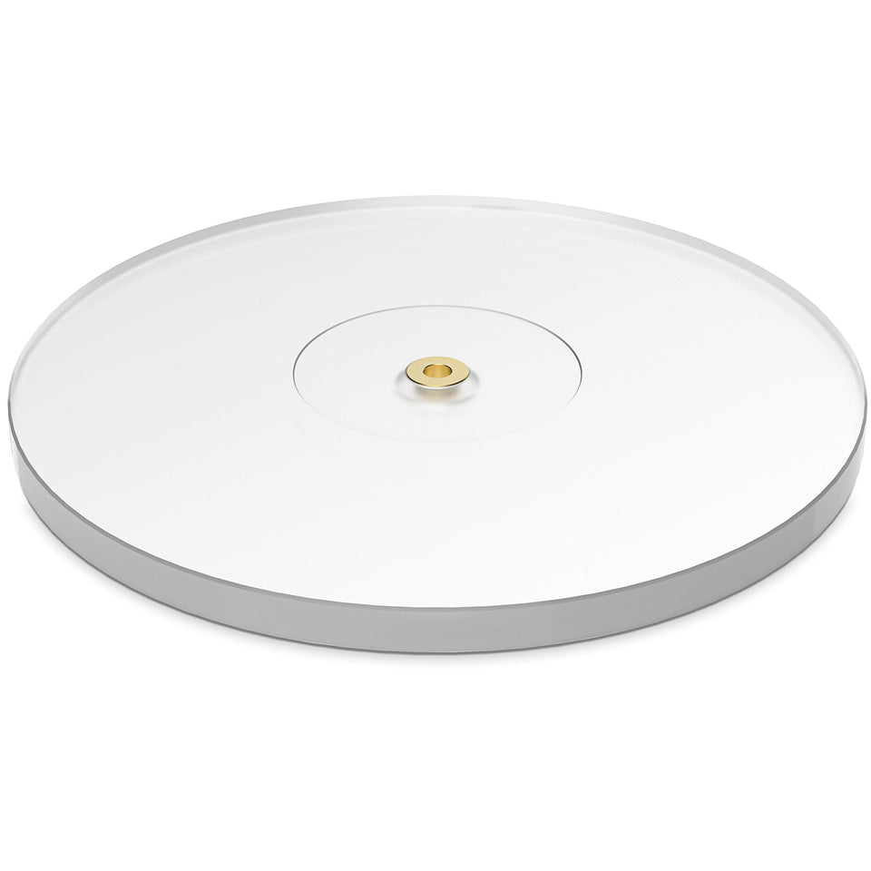 Fluance high-density acrylic platter close-up highlighting damping for clearer bass.