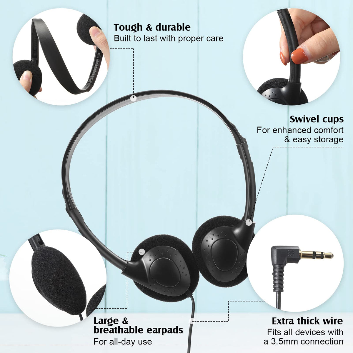 Flutesan black wired on-ear headphones with soft foam cushions