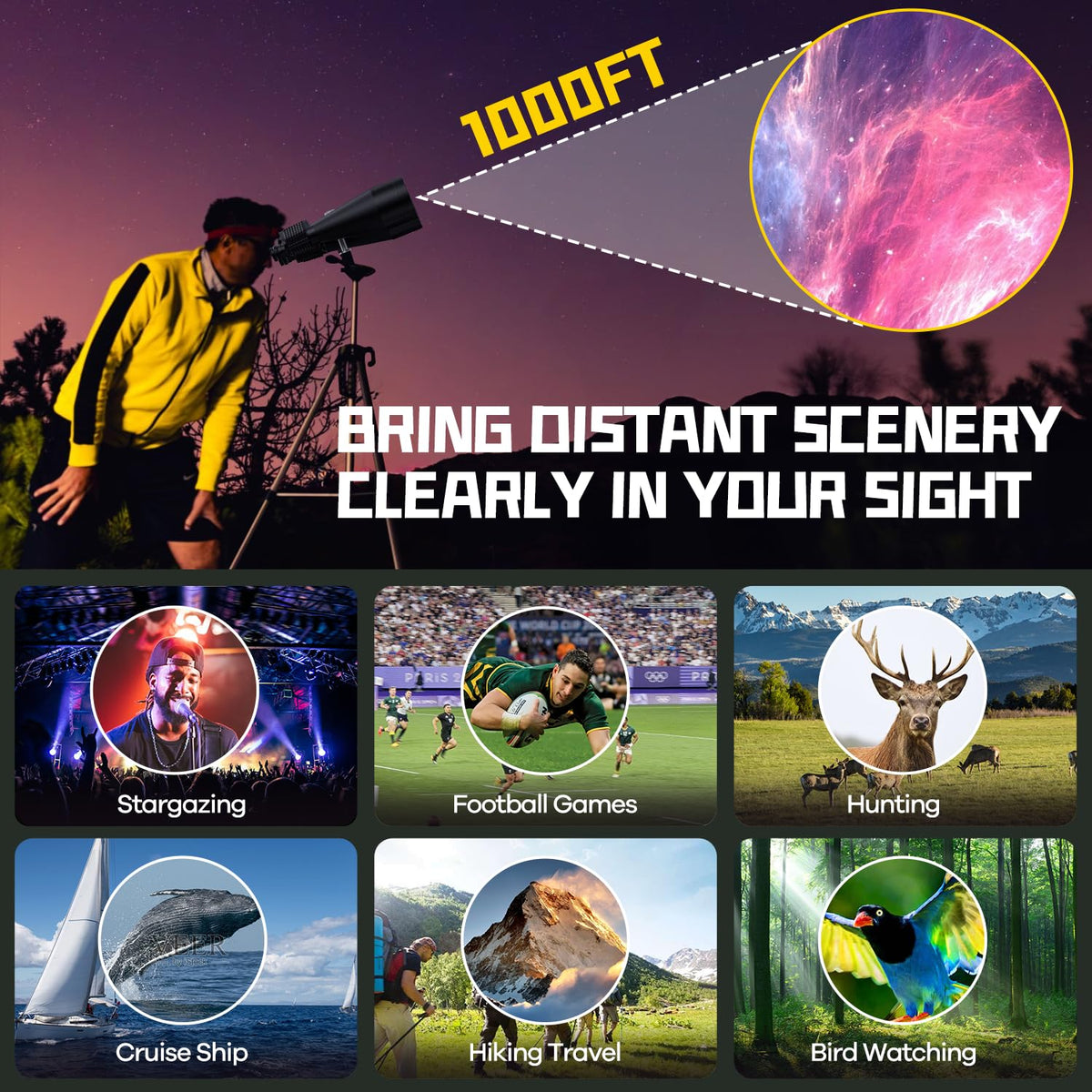 Flyant binoculars support long-range bird watching with clear, bright images.