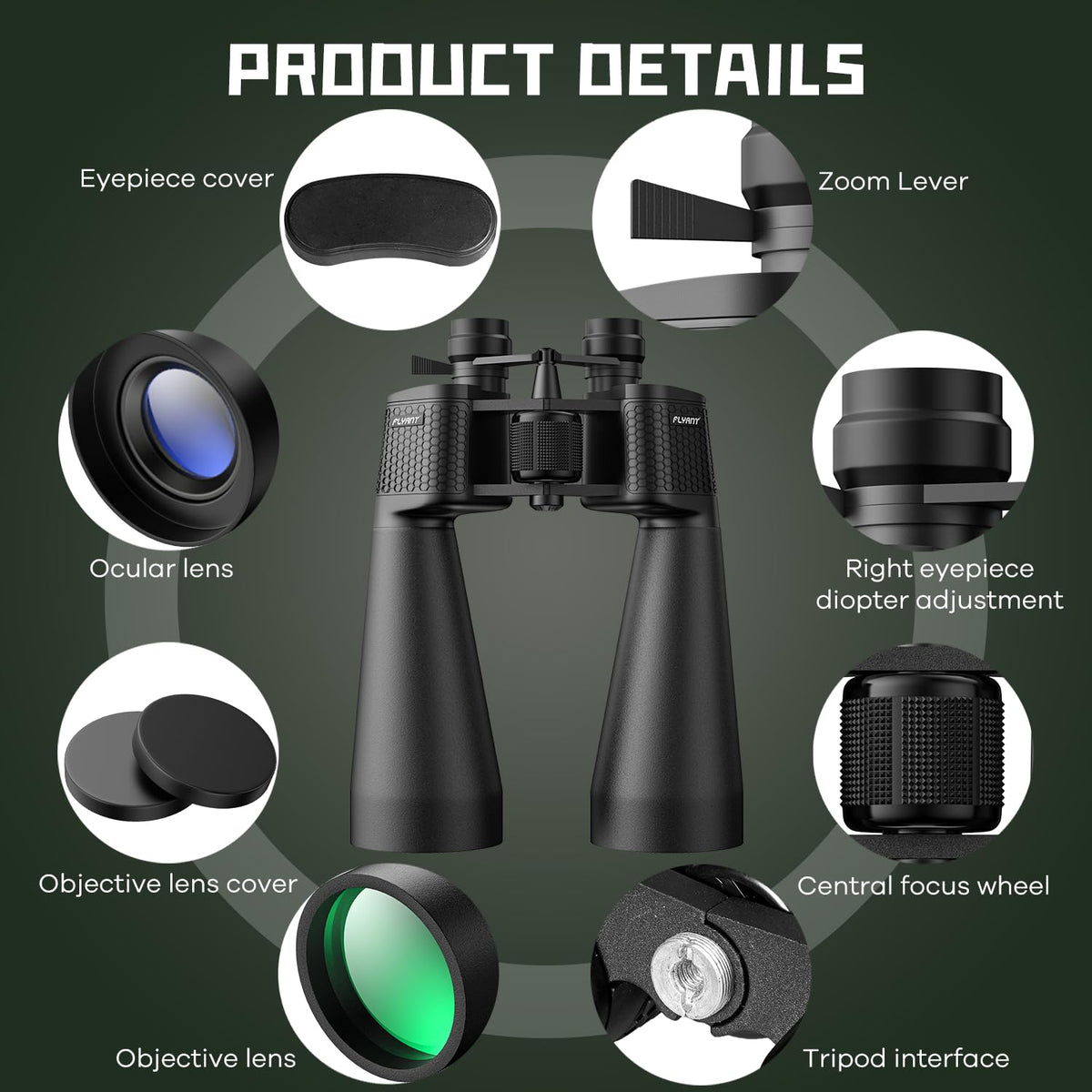 FLYANT close-up of 70mm objective lenses highlighting brighter low-light view