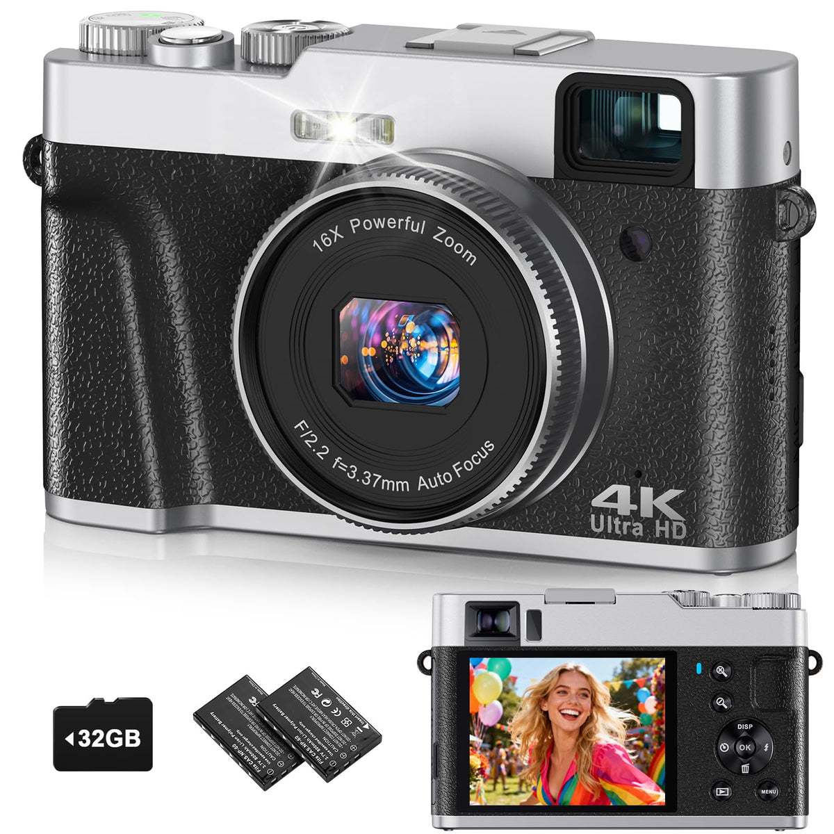 FlyFrost 4K camera front view; compact design ideal for travel photography and quick vlogs.