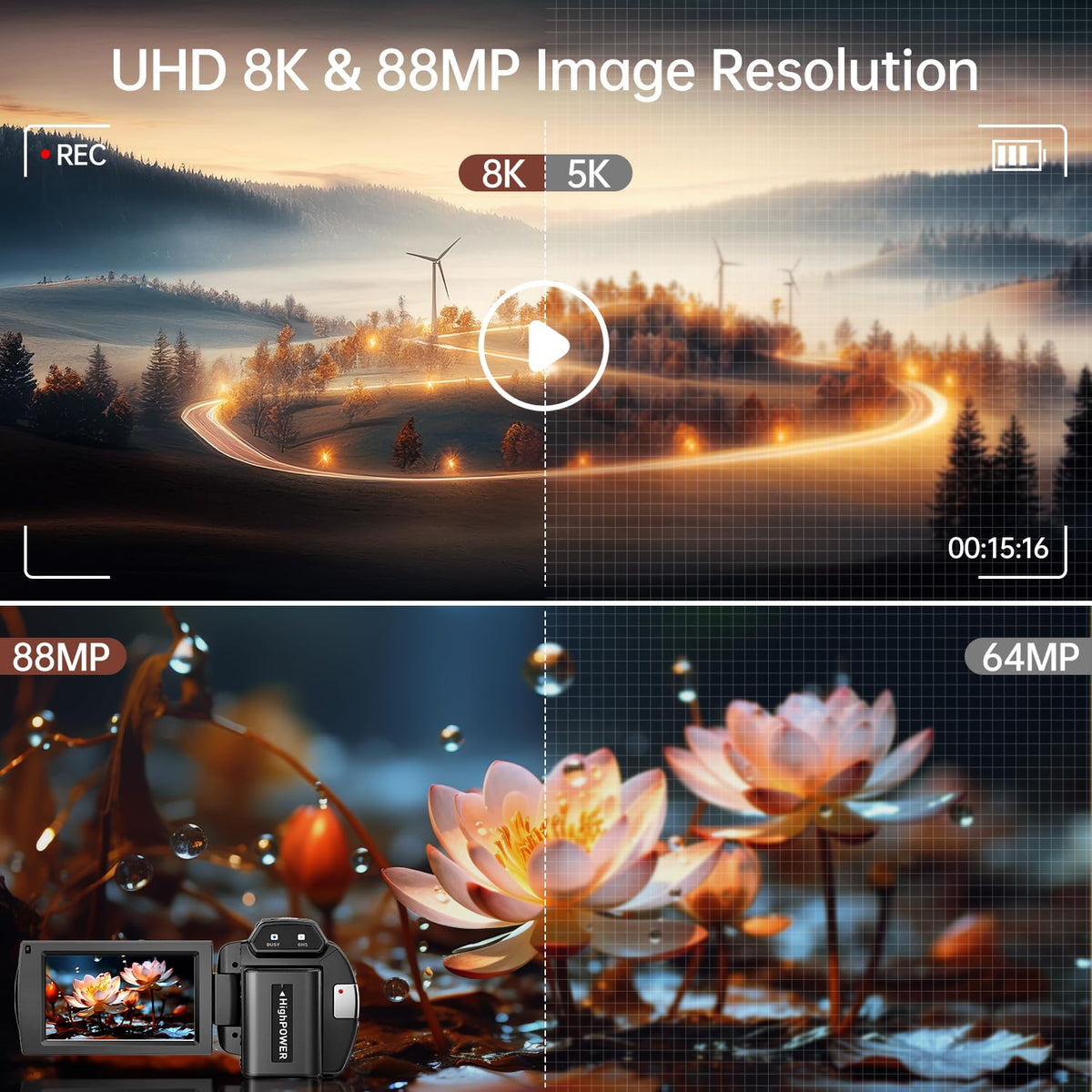 FlyFrost 8K camera side view with stabilizer for smooth video.