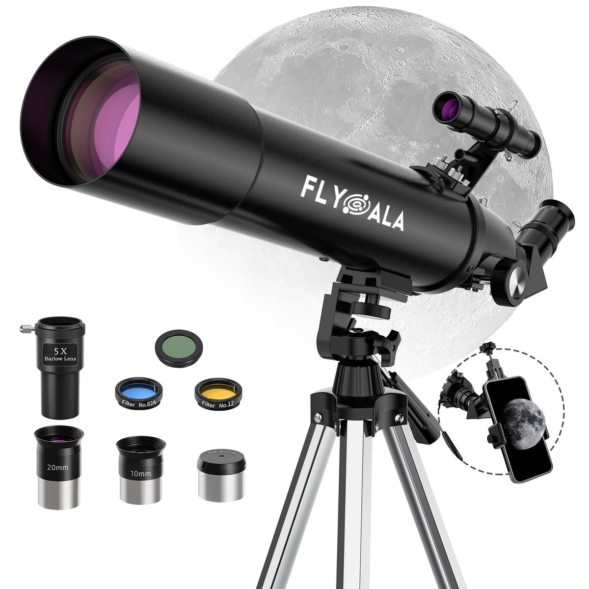 FlyGala telescope with 80mm aperture and 600mm focal length for crisp lunar views.