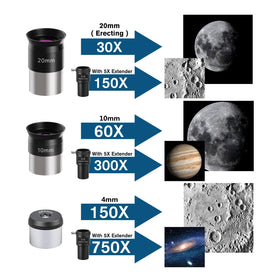 FlyGala eyepieces 20mm, 10mm, and 4mm enable flexible magnification for beginners.