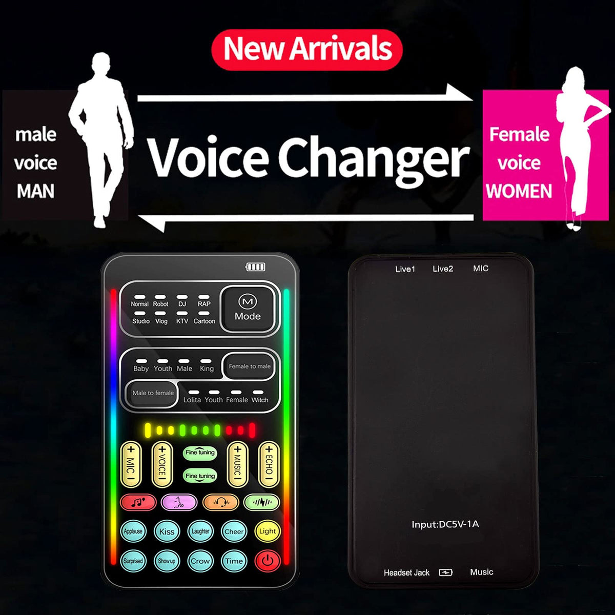 Flylin voice changer with LED lights and buttons for quick effects during gaming.