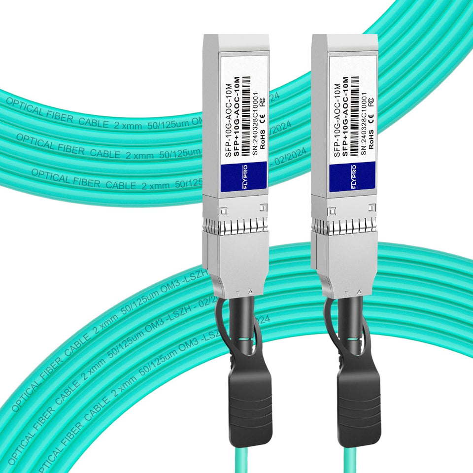 FLYPROFiber 10G AOC cable with SFP+ ends enables high-speed server connections.