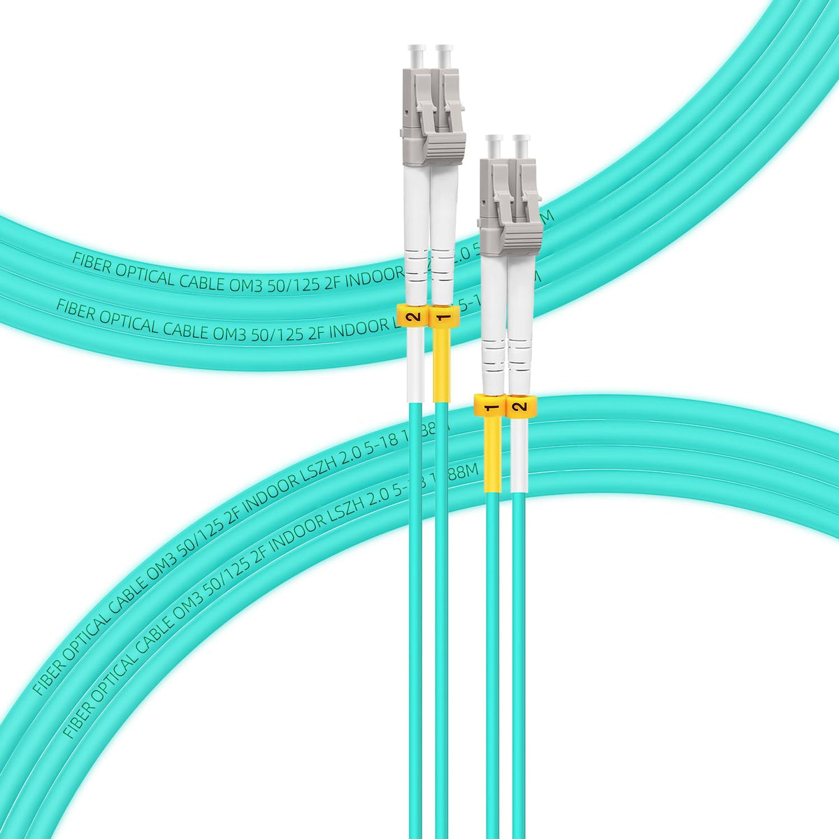 FLYPROFiber 15m LC to LC OM3 duplex patch cable for high-speed data links.