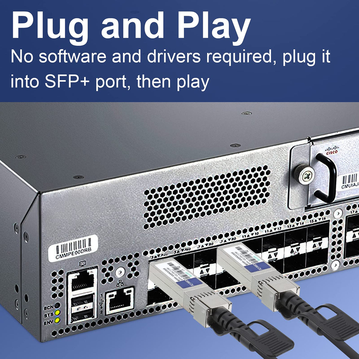 FLYPROFiber installed SFP+ DAC between switches demonstrating easy rack connectivity