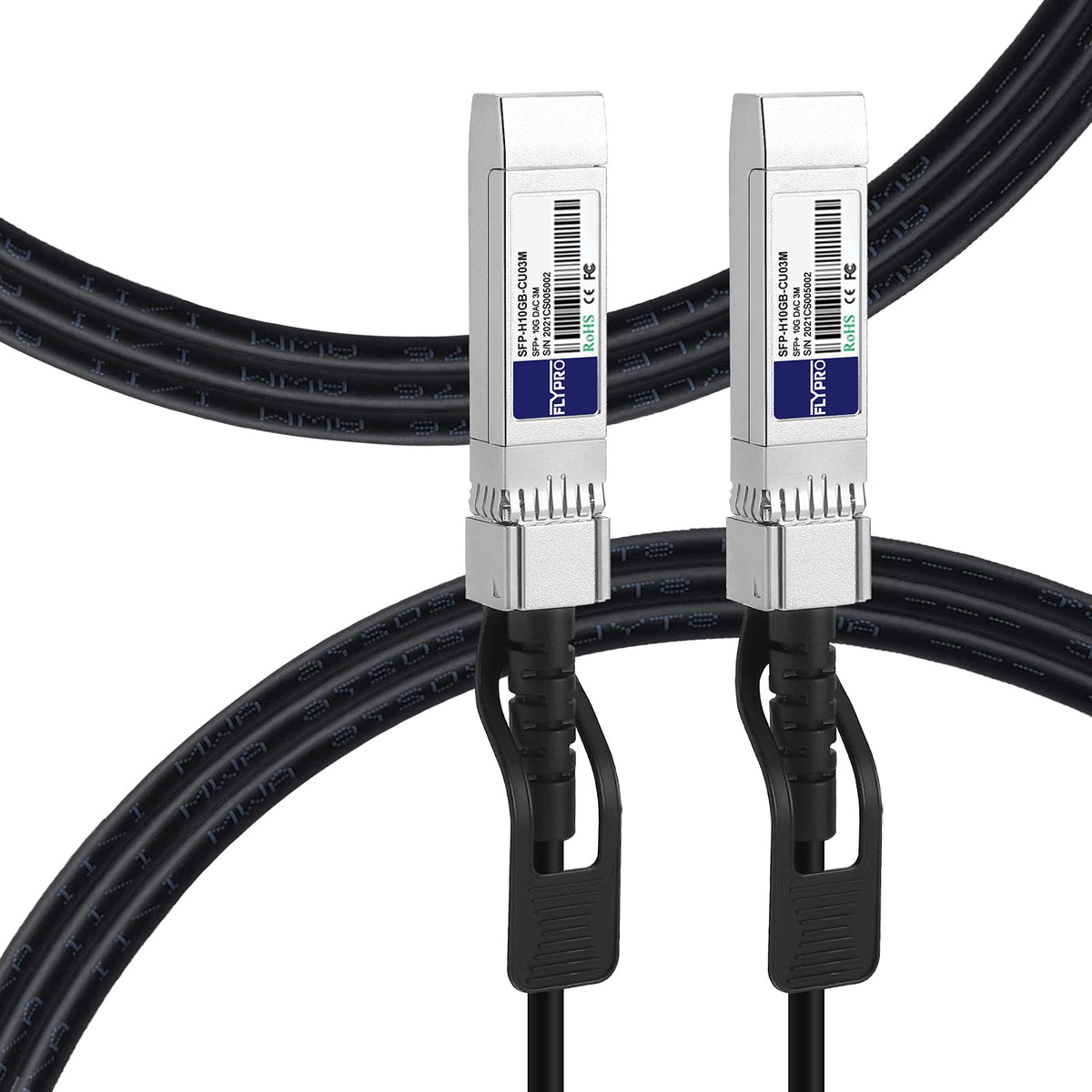 FLYPROFiber front view of SFP+ DAC cable showing connectors and jacket for reliable 10Gbps