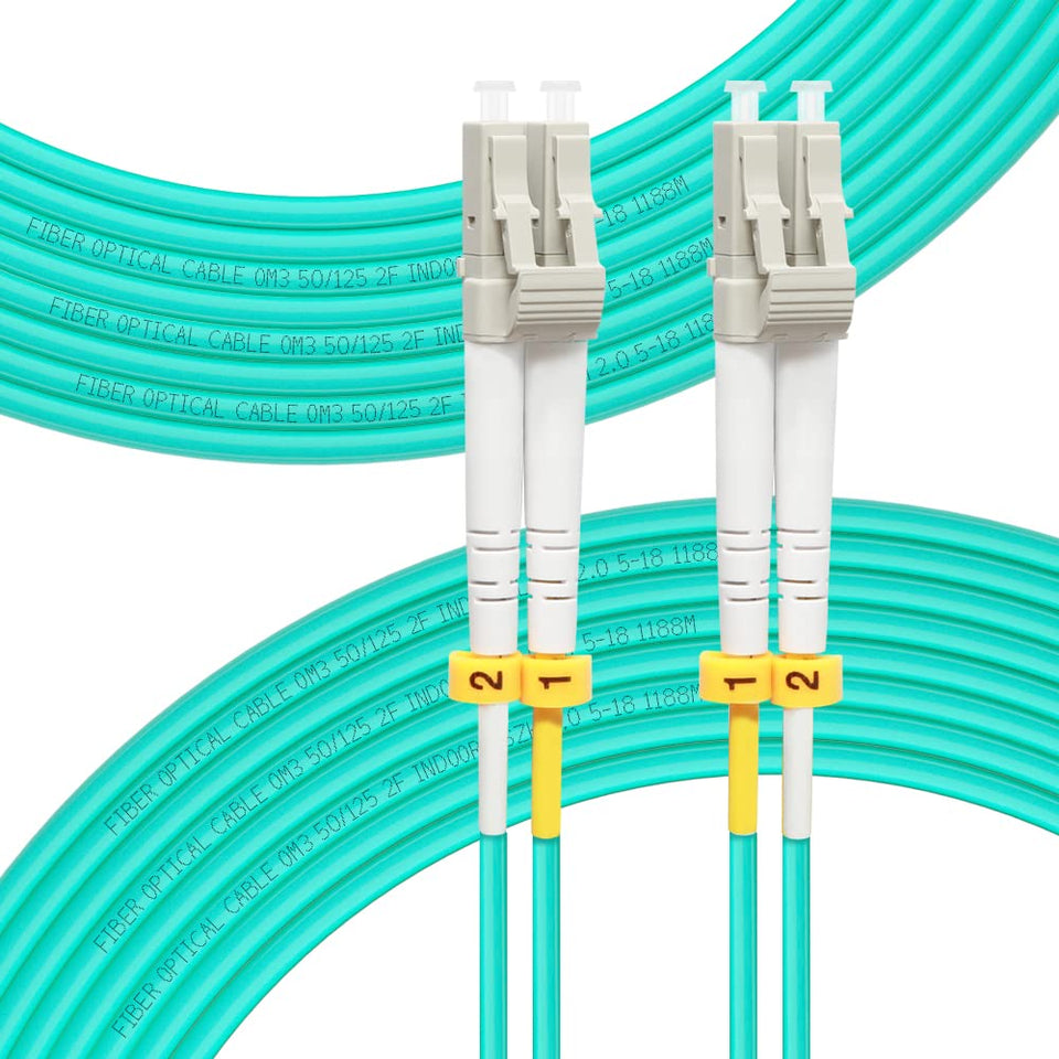 FLYPROFiber OM3 front packaging showing two 30m LC-LC cables, easy identify benefits