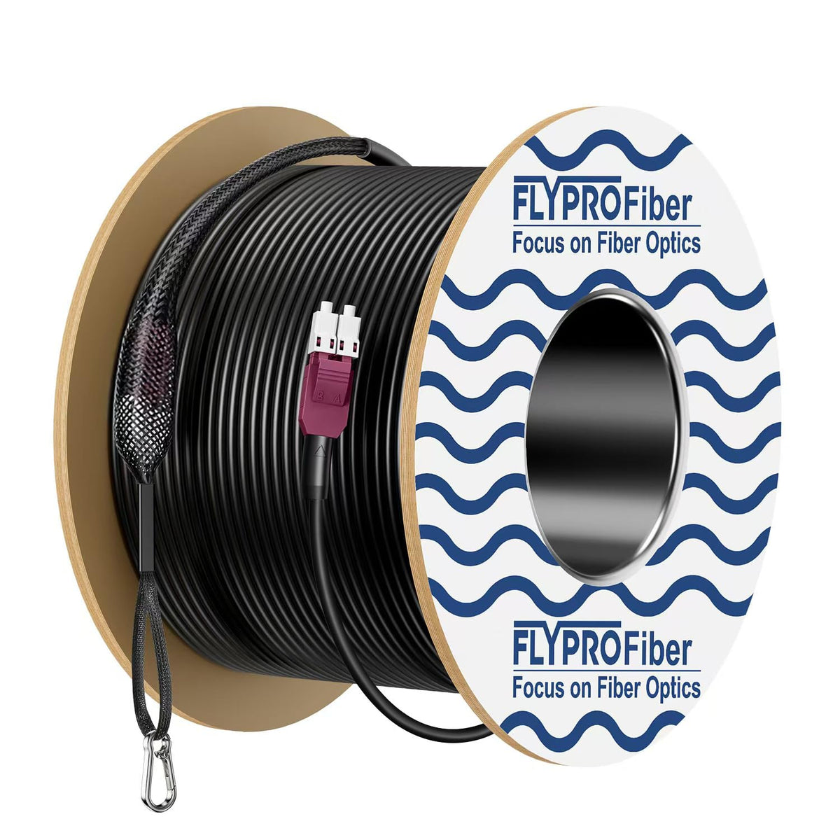 FLYPROFiber OM4 outdoor patch cable with pulling eye for easier conduit pulling.