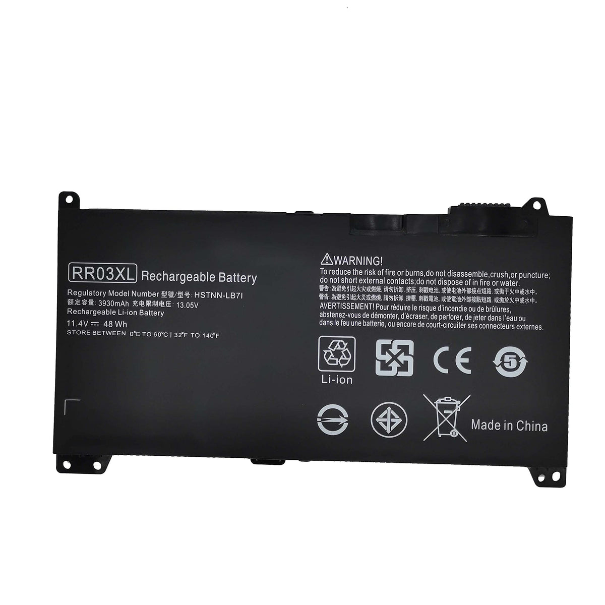 FLYRLB RR03XL battery front view for HP ProBook shows a ready replacement