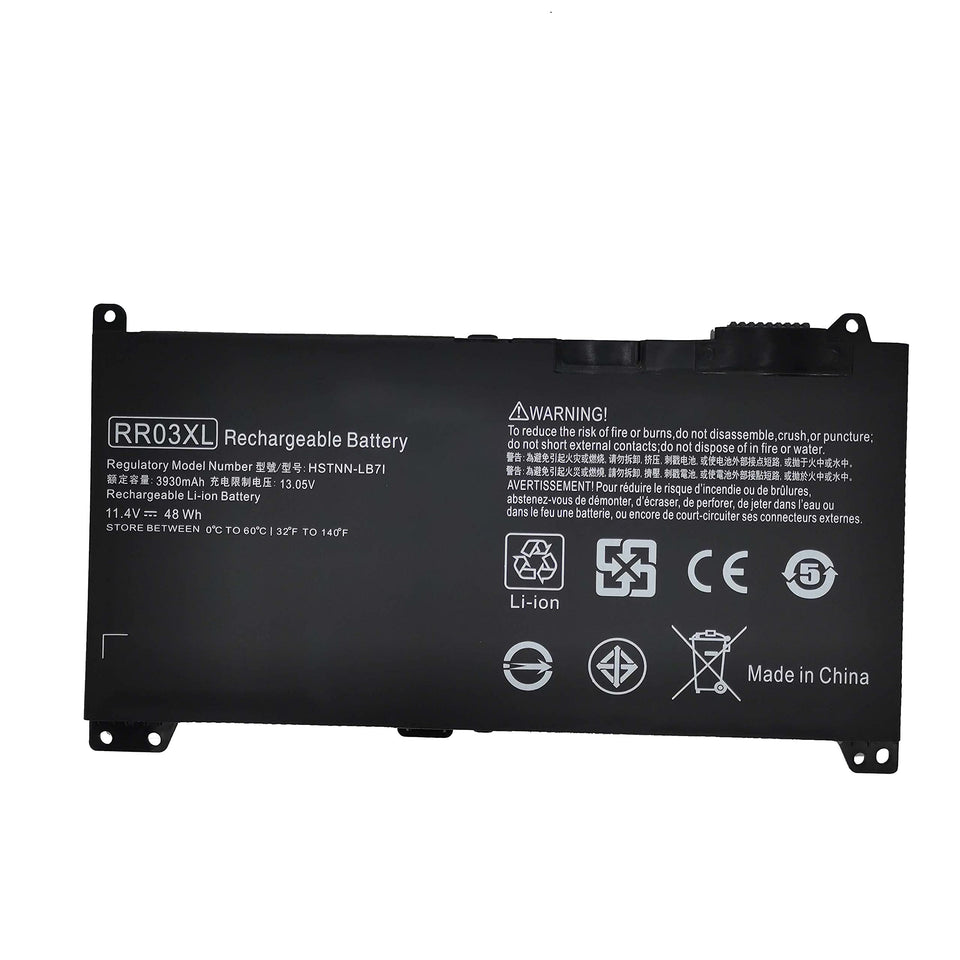 FLYRLB RR03XL battery front view for HP ProBook shows a ready replacement