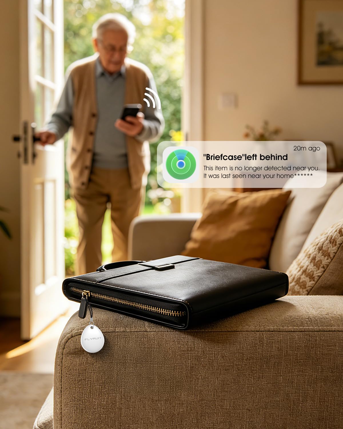 FLYRUIT tracker fixed to suitcase showing luggage location benefit