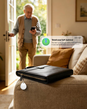 FLYRUIT tracker fixed to suitcase showing luggage location benefit