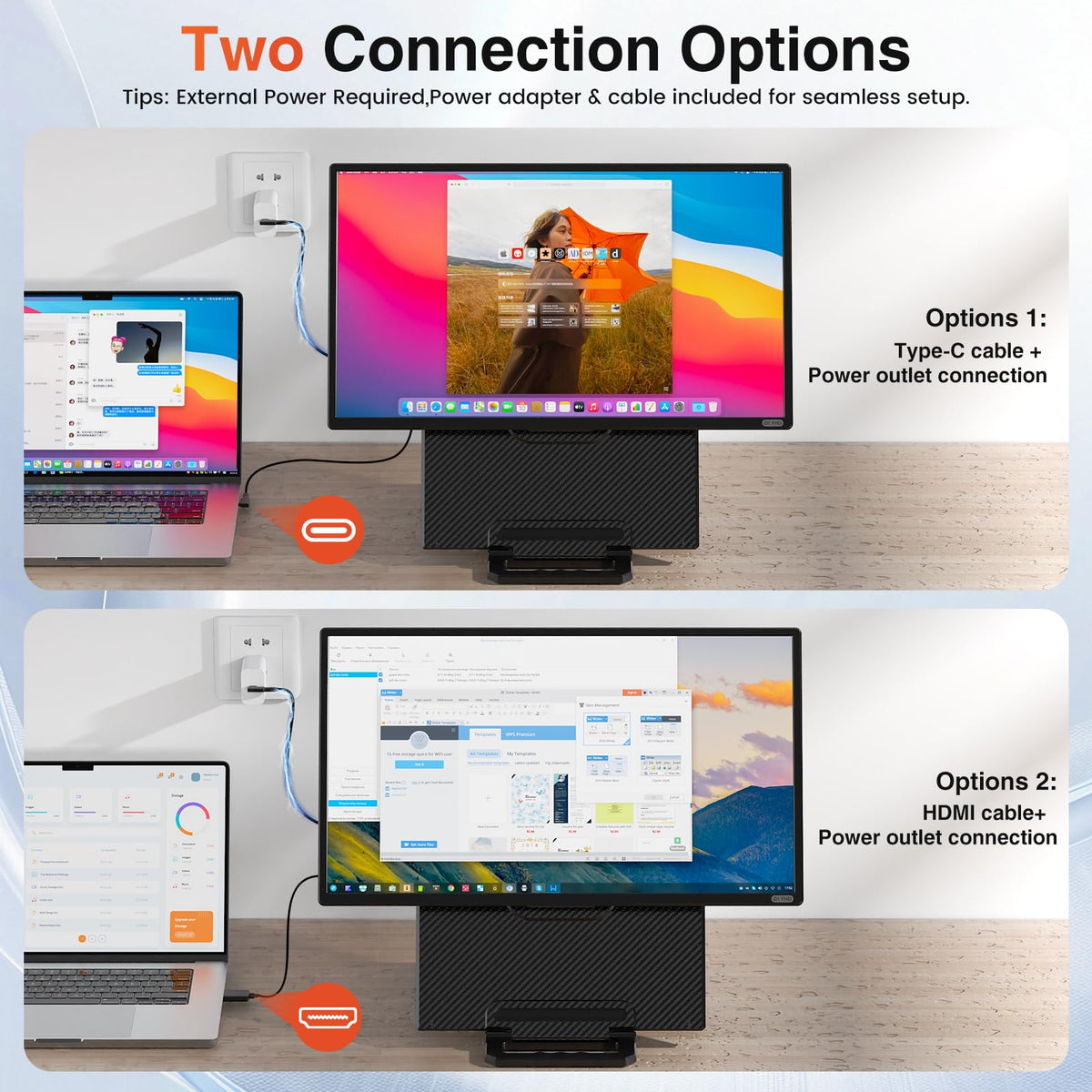FLYTOCCA monitor Type-C/HDMI input for plug-and-play devices.