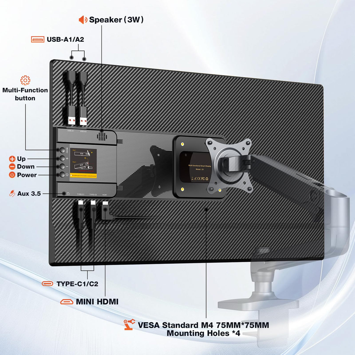 FLYTOCCA monitor powered by wall outlet via included adapter.