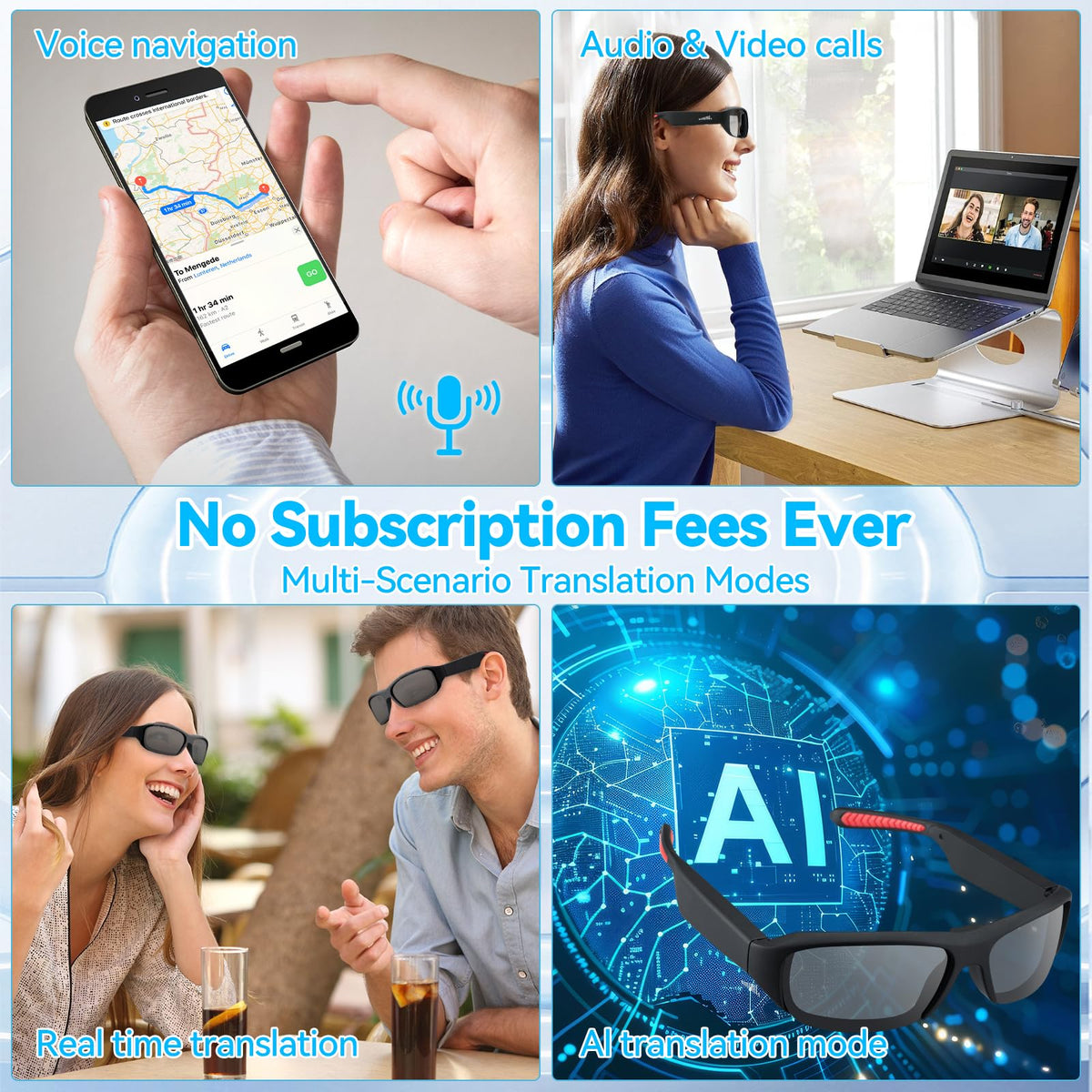 FNEWGK AI Smart Glasses ideal for travel, work, and daily use in all settings.