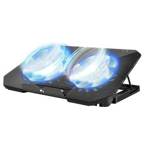 FOBELEC front view of cooling pad showing full metal mesh and LED lights for improved cooling