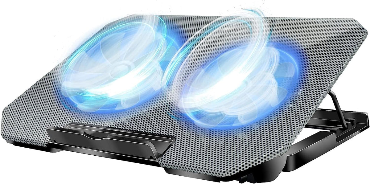 FOBELEC front view silver cooler pad showing sleek design and LED lights, improves airflow