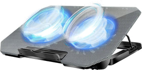 FOBELEC front view silver cooler pad showing sleek design and LED lights, improves airflow