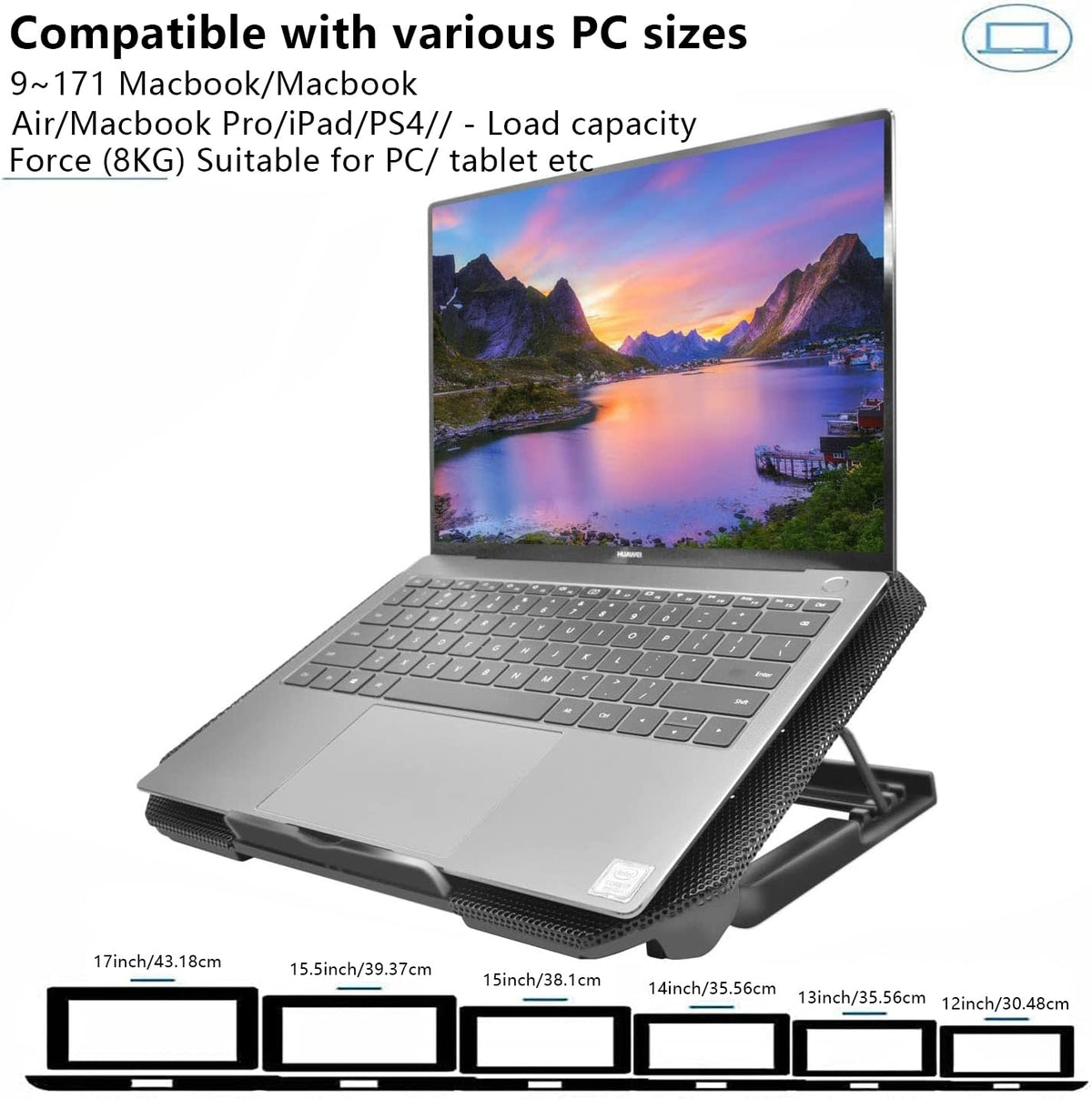 FOBELEC cooling pad beside a 17-inch laptop to show size compatibility and portable scale