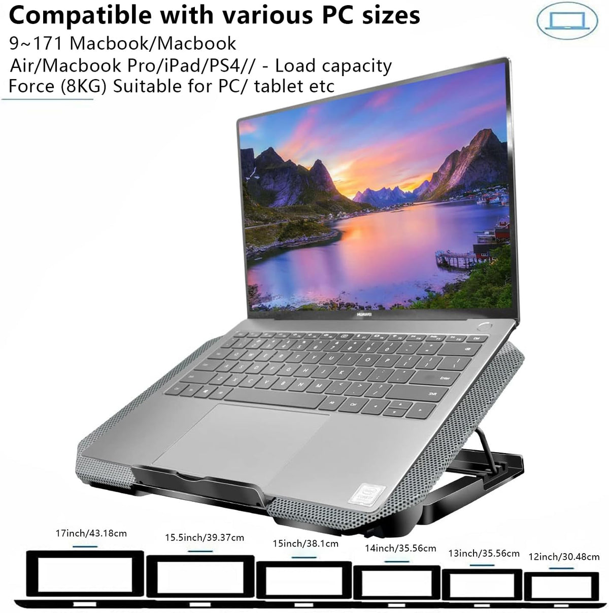 FOBELEC cooling pad next to 17-inch laptop for scale, confirms universal compatibility