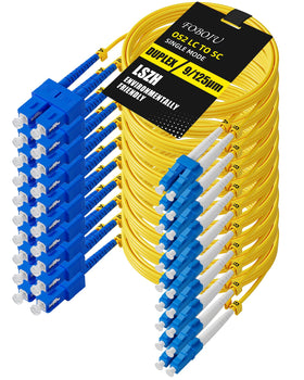 Foboiu front packaging showing 10-pack yellow 2m OS2 SC to LC cables for quick identification