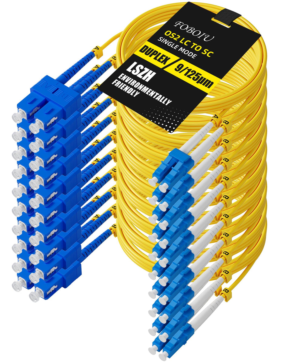 Foboiu front packaging showing 10-pack yellow 2m OS2 SC to LC cables for quick identification