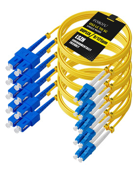 Foboiu front packaging showing five yellow 3m SC to LC cables and benefits