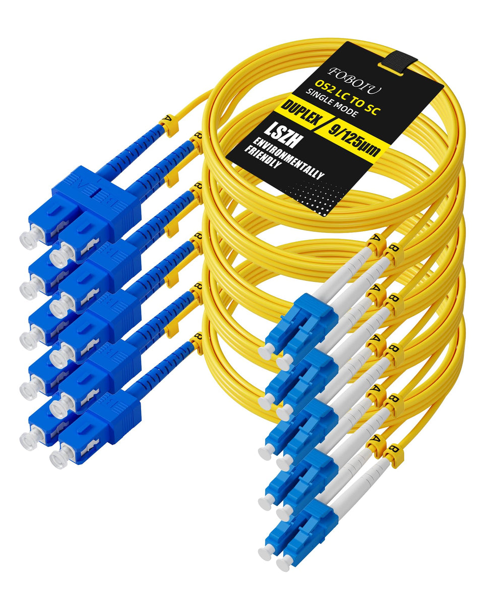 Foboiu front packaging showing five yellow 3m SC to LC cables and benefits