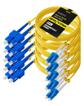 Foboiu 5-pack front view showing yellow OS2 SC-to-LC jumpers and packaging benefit clarity