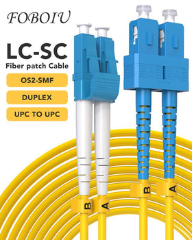 Foboiu OS2 SC to LC patch cable close-up shows UPC ferrules for low-loss links.