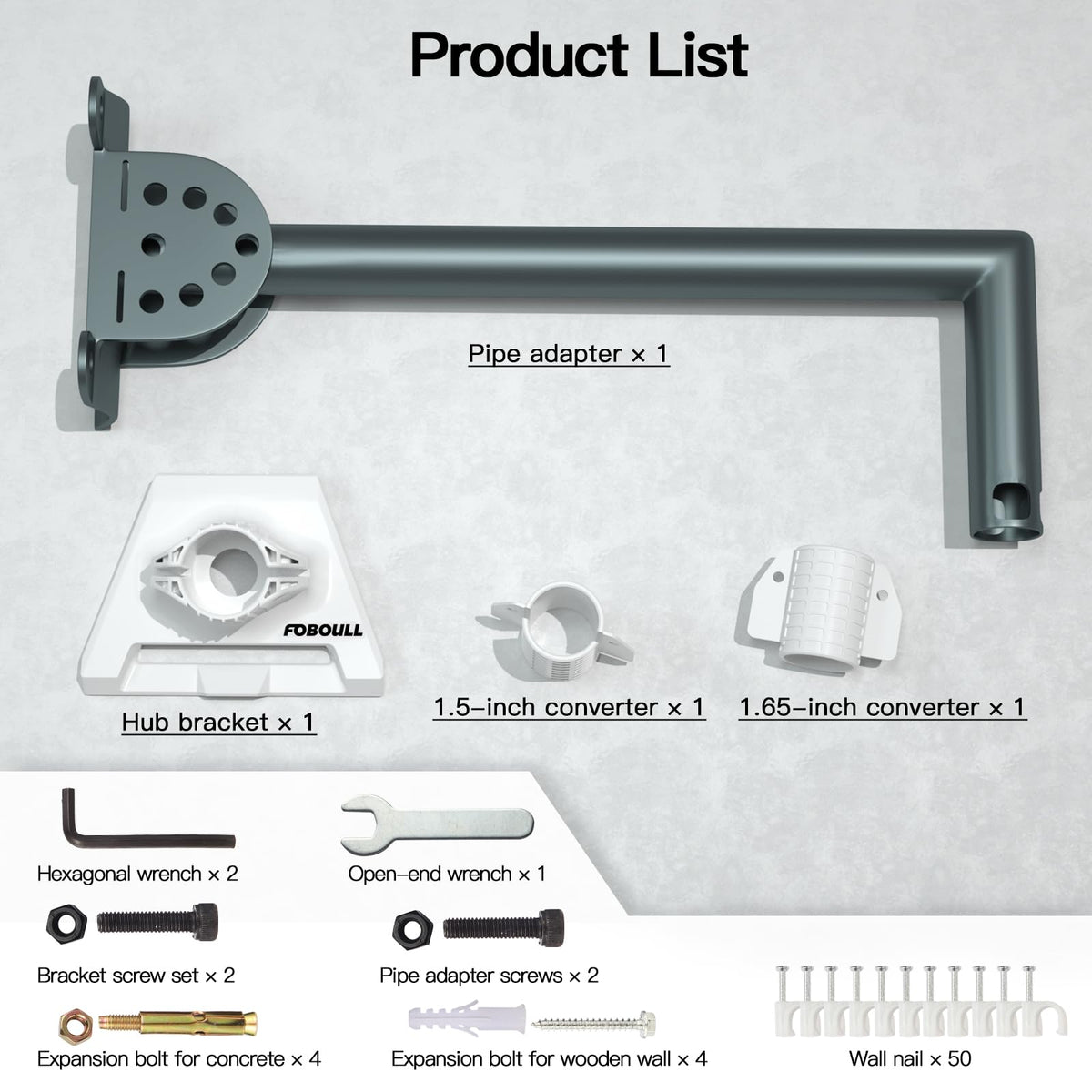 Foboull kit contents packed showing adapter and mounting hardware layout