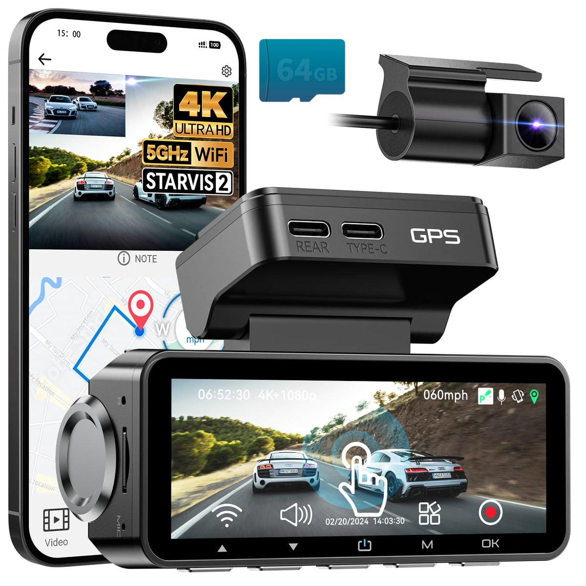 FOCUWAY Dash Cam front view in 4K for crisp road details while driving