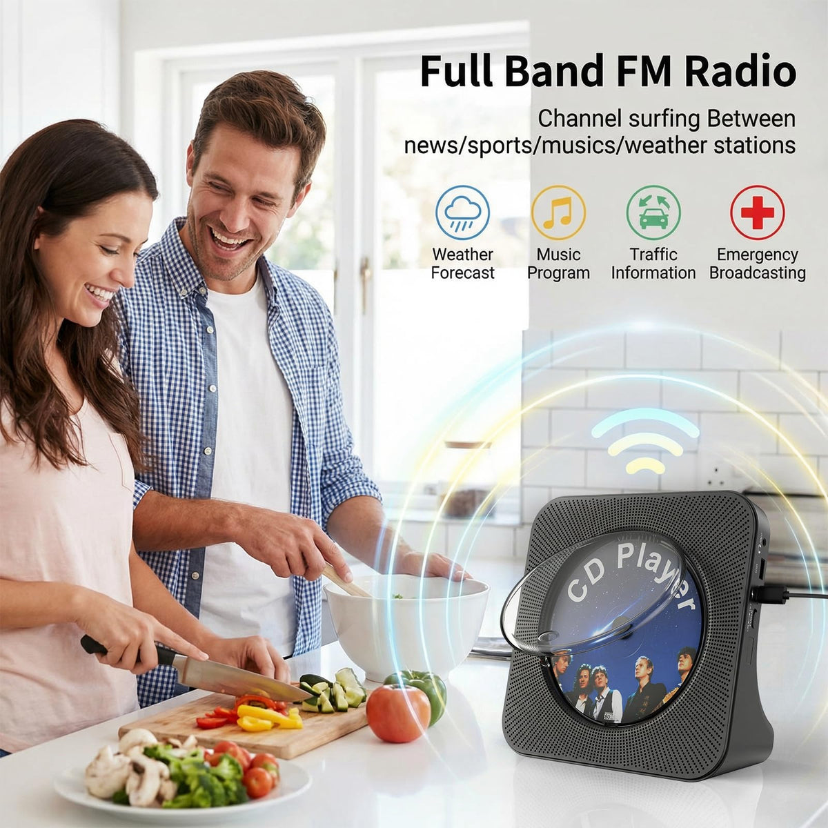 Fohil in kitchen use playing CDs and streaming Bluetooth for multitasking