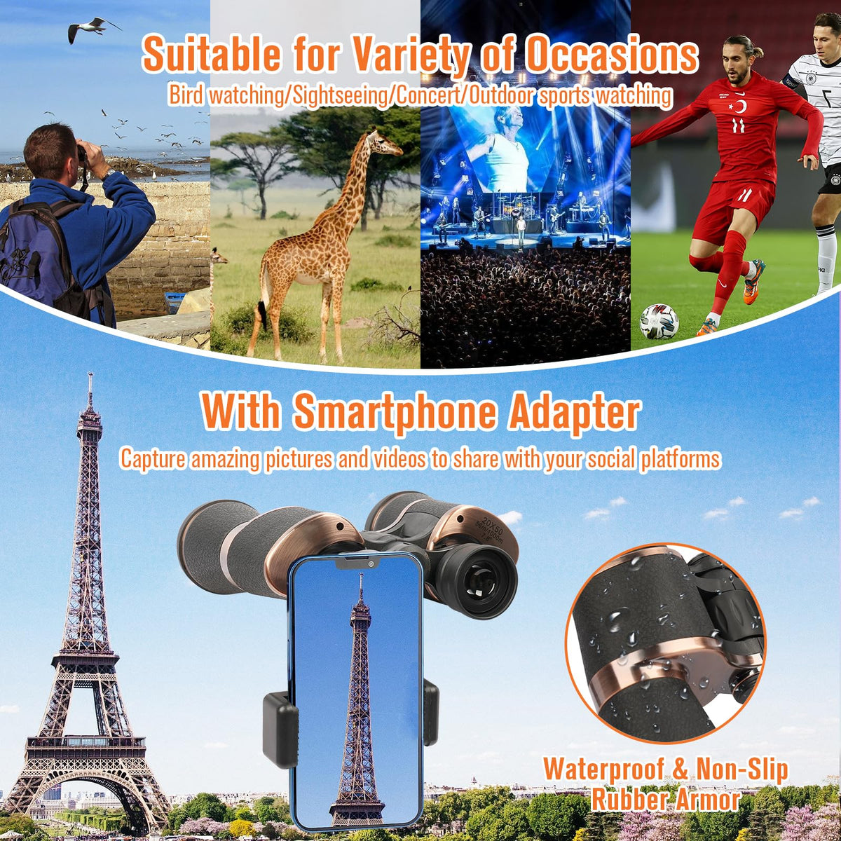 FoliumpX 20x50 binoculars with phone adapter for steady photos.