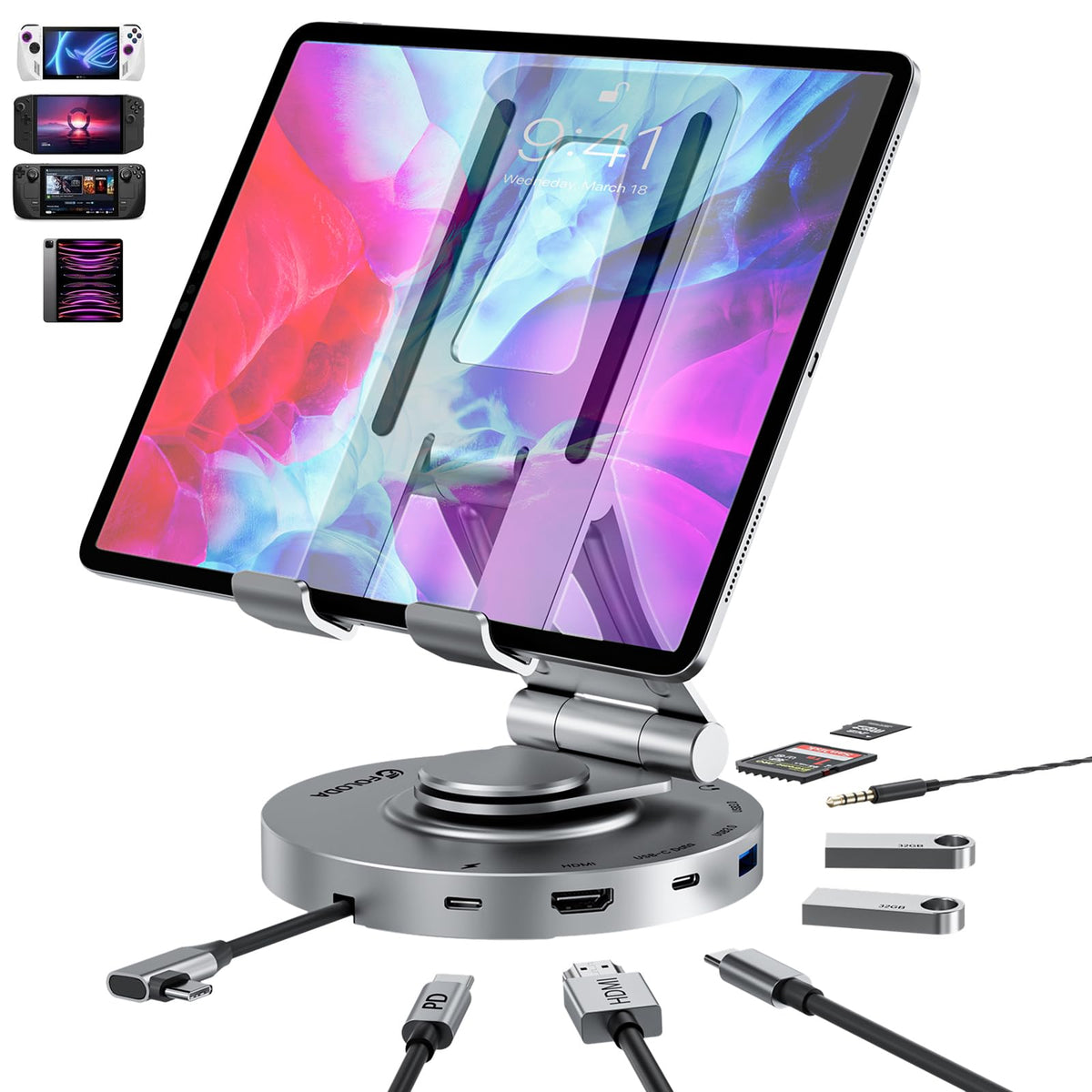 FOLODA front view of hub stand showing ports and stable support, keeps workspace tidy