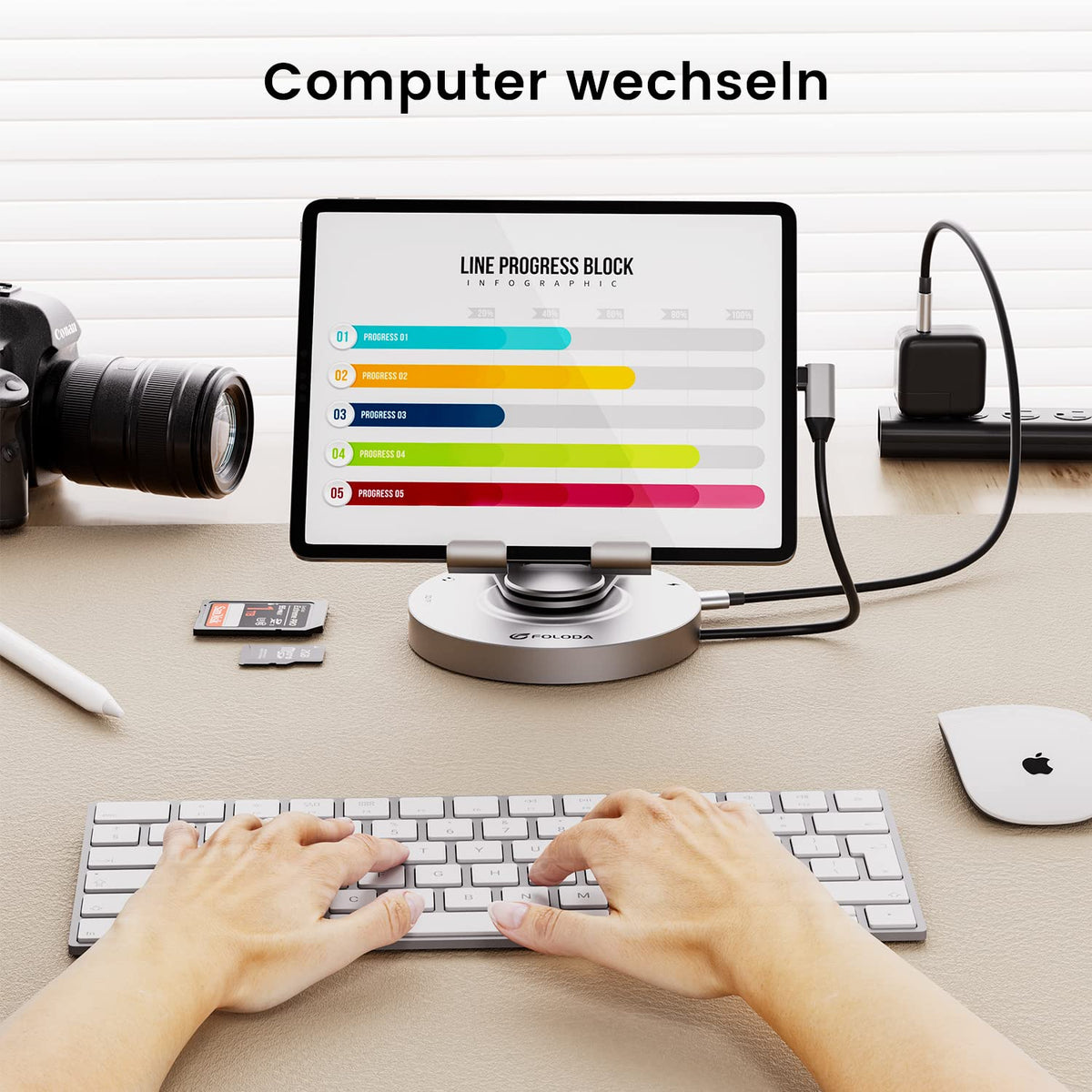FOLODA lifestyle desk setup with tablet and peripherals for efficient workflow