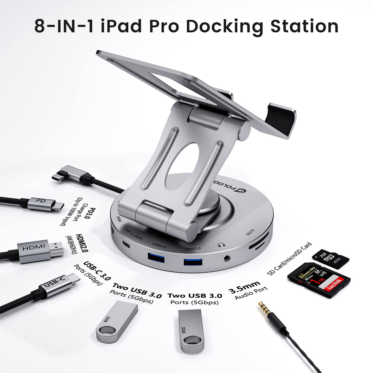 FOLODA side view highlighting 360° rotatable hinge for quick angle adjustments