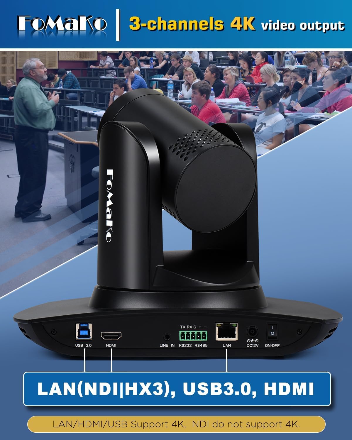 FoMaKo AI auto-tracking interface highlighting hands-free following of speakers