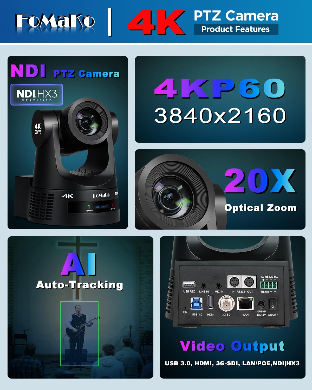 FoMaKo NDI HX3 output enables low-latency multi-source switching.